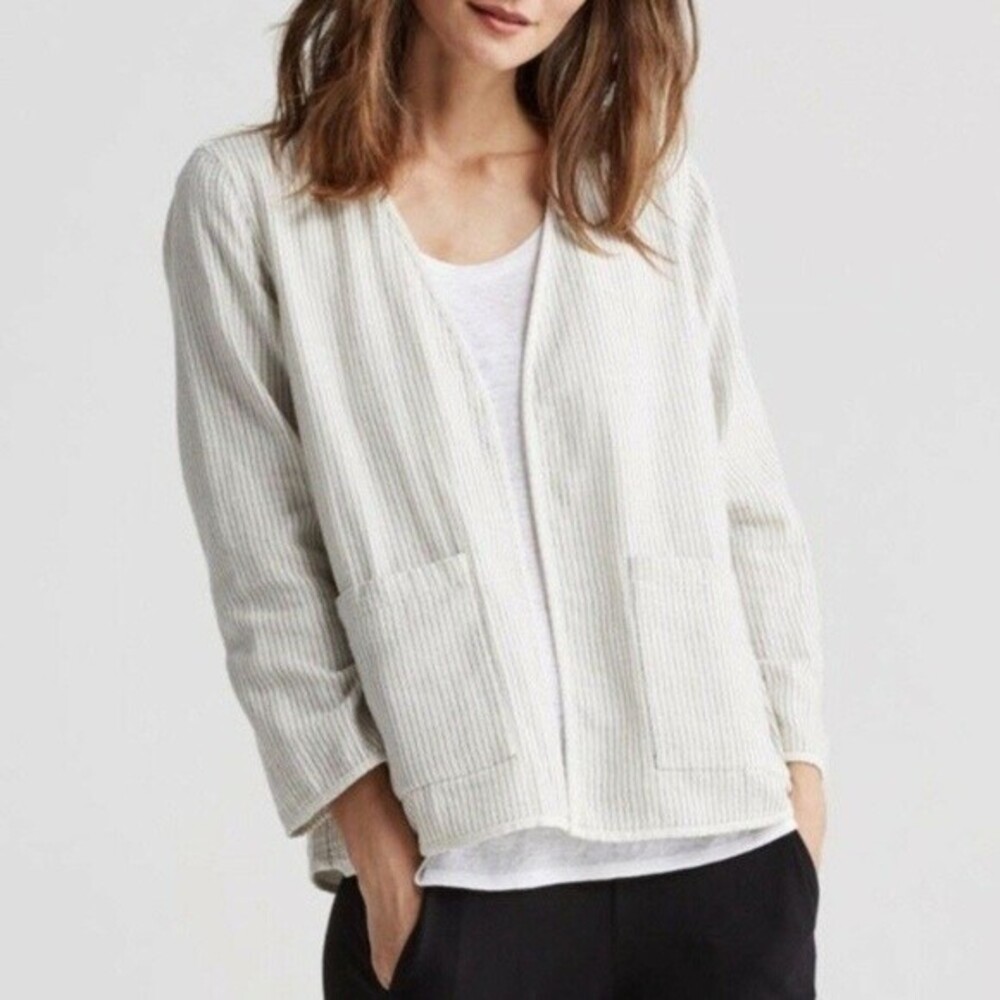 EILEEN FISHER REVERSIBLE COTTON KIMONO JACKET M Open Front Lagenlook Blazer - Picture 5 of 13